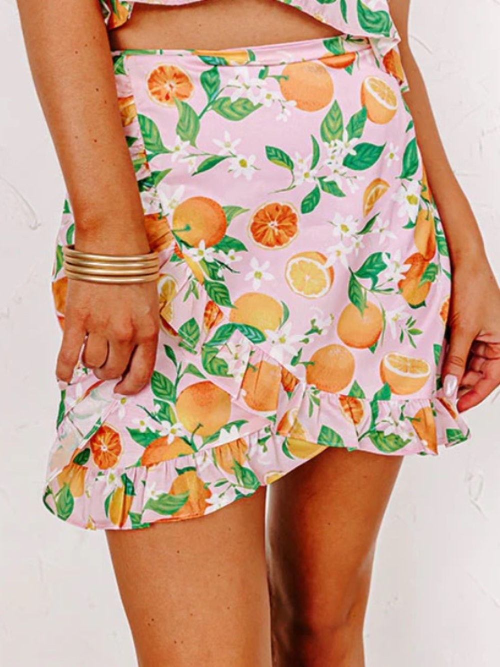 NEW SugarLips Pink Oranges Novelty Print Mini Skirt Ruffles Summer Spring Large